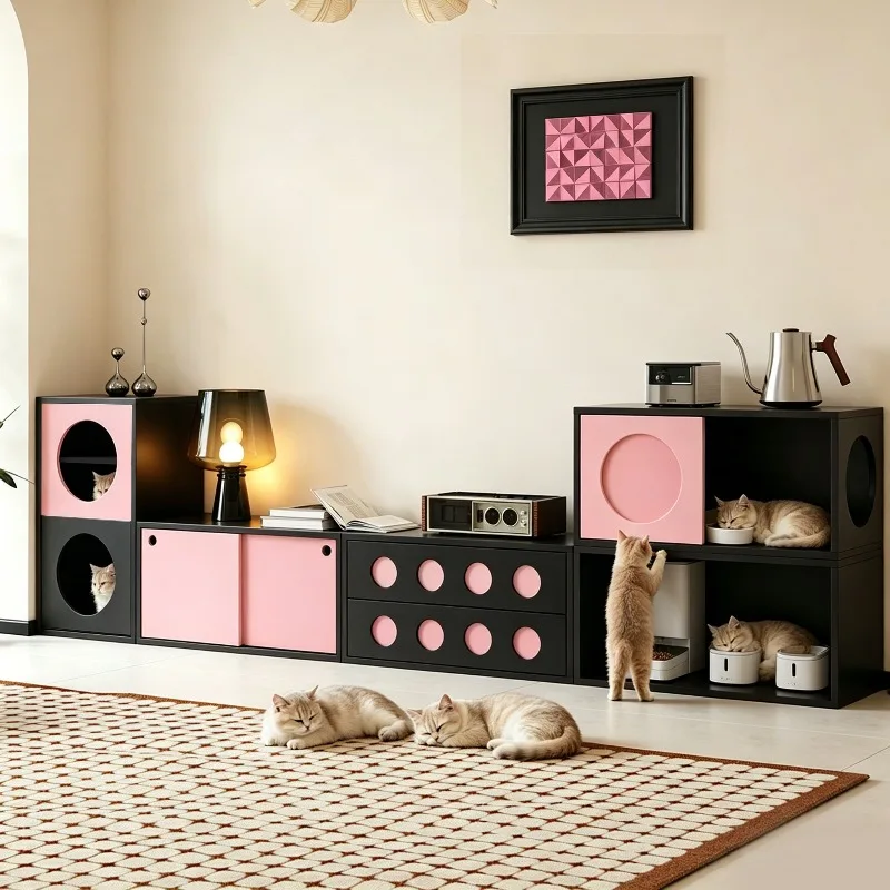 Integrated solid wood cat nest TV cabinet Bauhaus black spell pink module locker