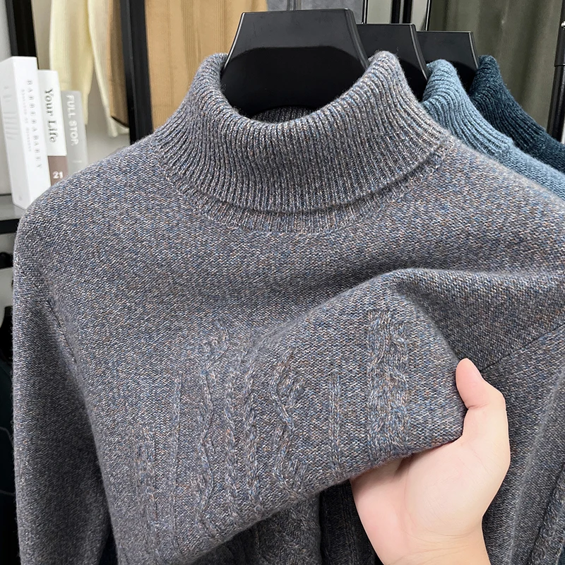 Men's Wool100% Autumn Winter Advanced Sweater 7stitches Jacquard High Neck Long Sleeves Sweater Fashion Innerwear Man Clothes