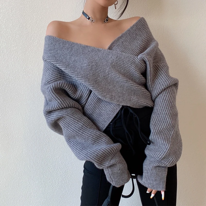 Women Winter Cross V-Neck Sweater Casual New Loose Long Sleeved Knit Pullovers Elegant Sweater TRAF Fall Warm Solid Sweater Tops