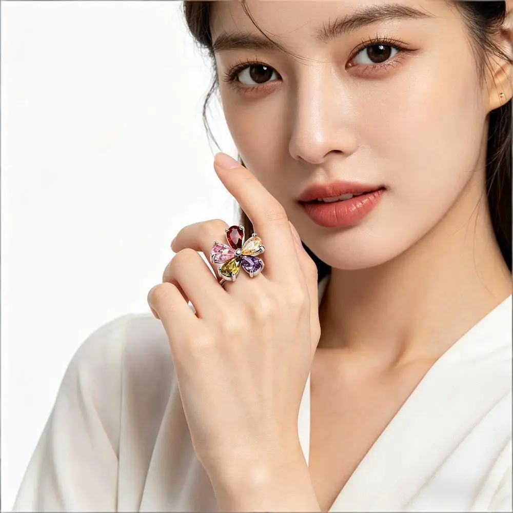 Pretty 925 Sterling Silver Colorful Petal Crystal Zircon Finger Rings for Women Girls Engagement Party Jewelry Gifts Accessory