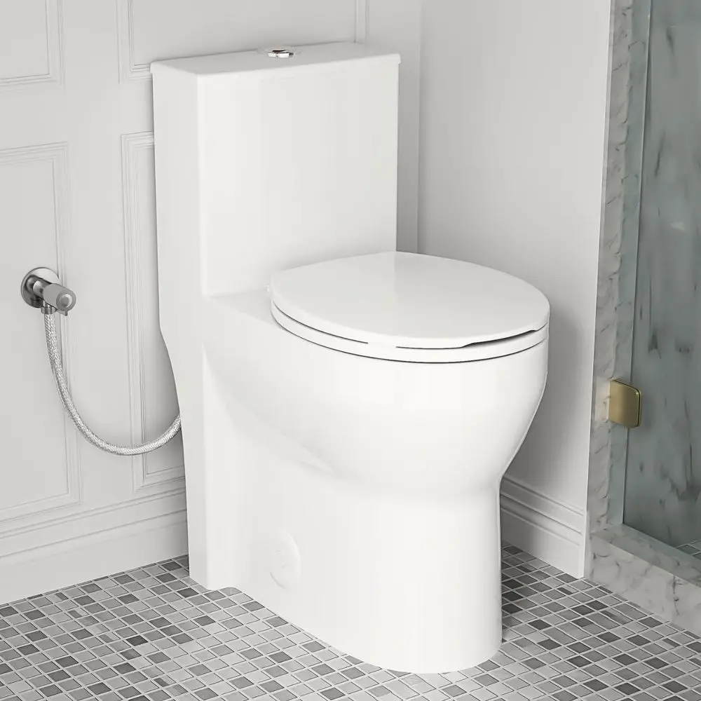 

Space-Saving 19 High Toilet, One-Piece with Skirt, Comfort Round Bowl, 24.57 Depth, 1.0/1.28 GPF Dual Flush, Soft-Close Seat, 12