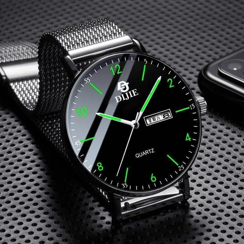 Silent quartz watch, trendy luminous design, Korean style, fashionable, dual calendar, suitable for students in junior and senio