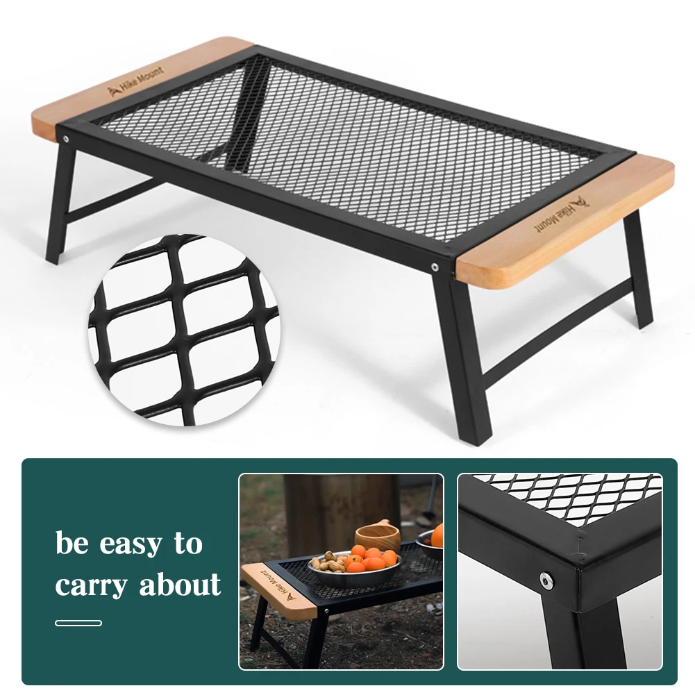 Outdoor Camping Folding Table Iron Mesh Picnic Table Portable Solid Wood Foldable Beach Table Lightweight for Beach Grill BBQ