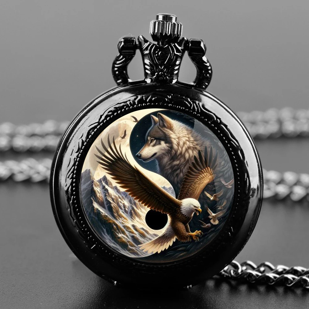 Wolf und Adler Design Glaskuppel Quarz Taschenuhr mit haltbarer Kette arabische Ziffer Zifferblatt für Männer und Frauen kreative Geschenke