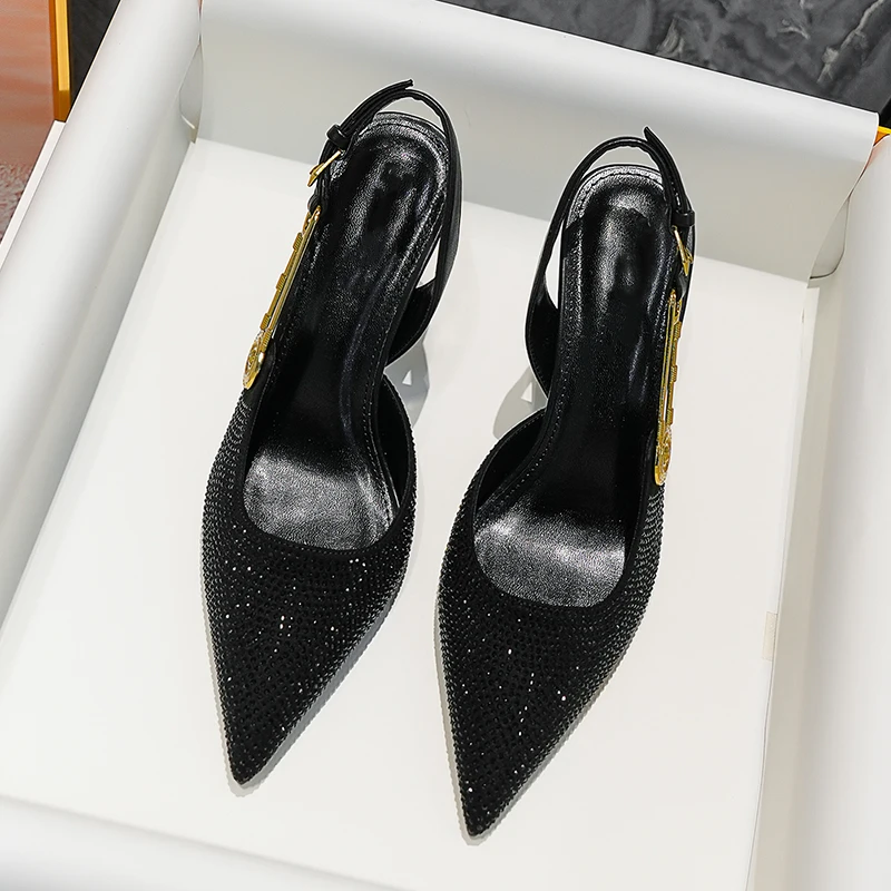 New Spring and Summer Women\'s High Heels with Closed Toe and Golden Round Buckle High Heel Sandals with Rhinestones and Pointed