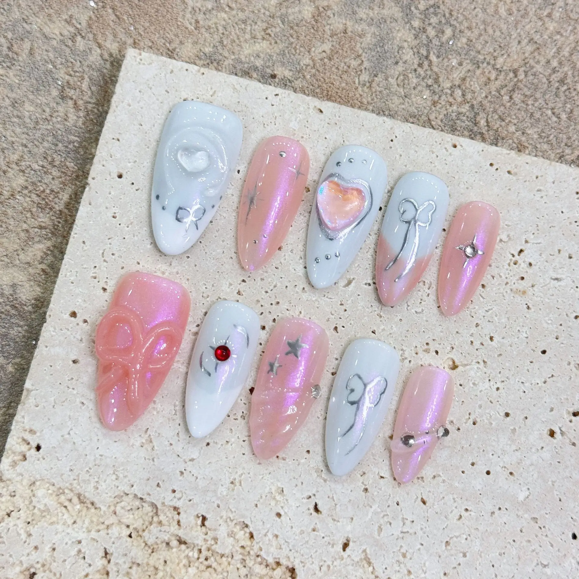 Uñas postizas hechas a mano para niñas, manicura Y2K, diseño de lazo, Ballet, estilo francés, rosa, 10 piezas