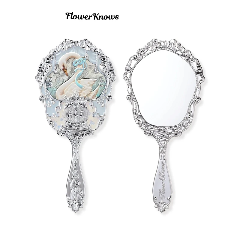 Flower Knows Swan Ballet Series Hand Holding Mirror 3 Types Exquisite Relief Makeup Tools Blue Pink Ladies HD Makeup Mirror