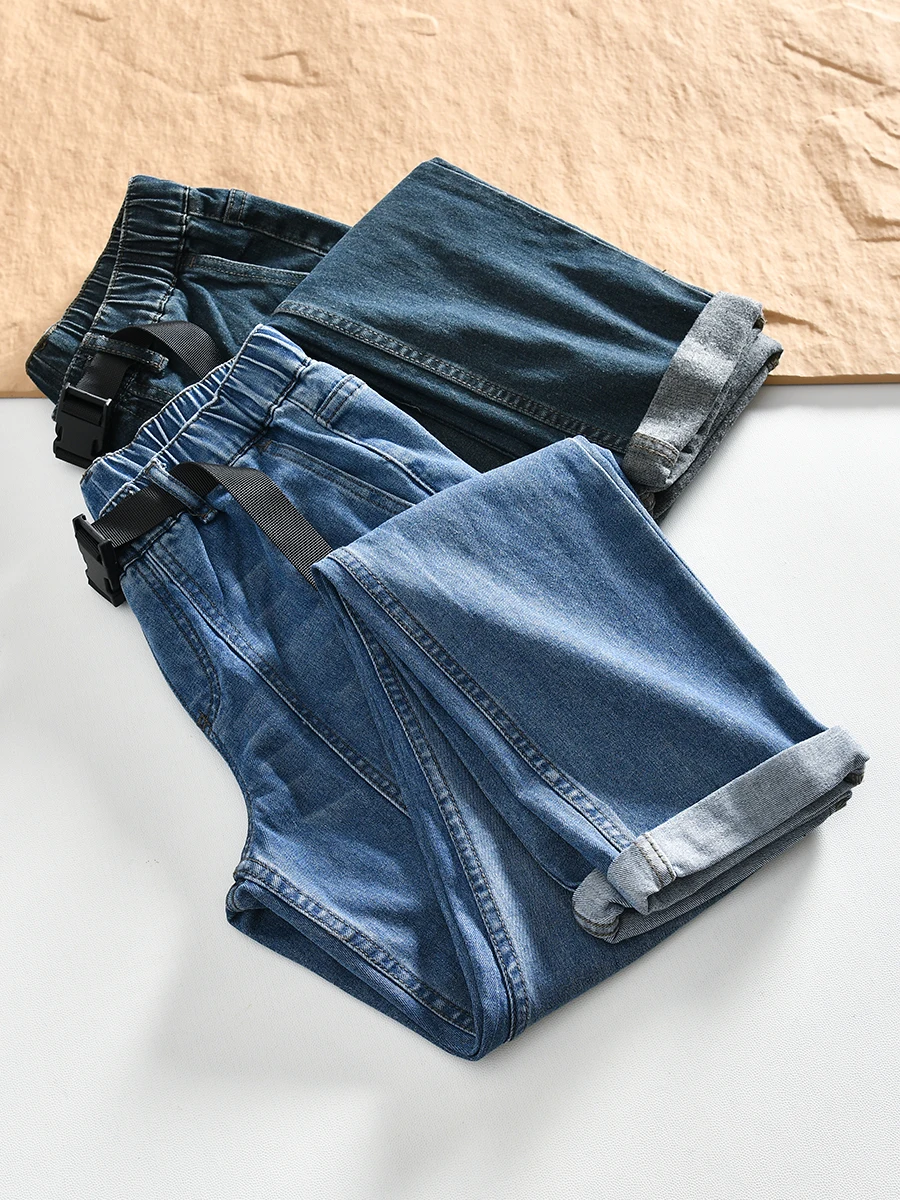 

Casual Straight Leg Men's Jeans Elastic Waistband Vintage Washed Cotton Stretch Denim Youthful Style Four Seasons Universal