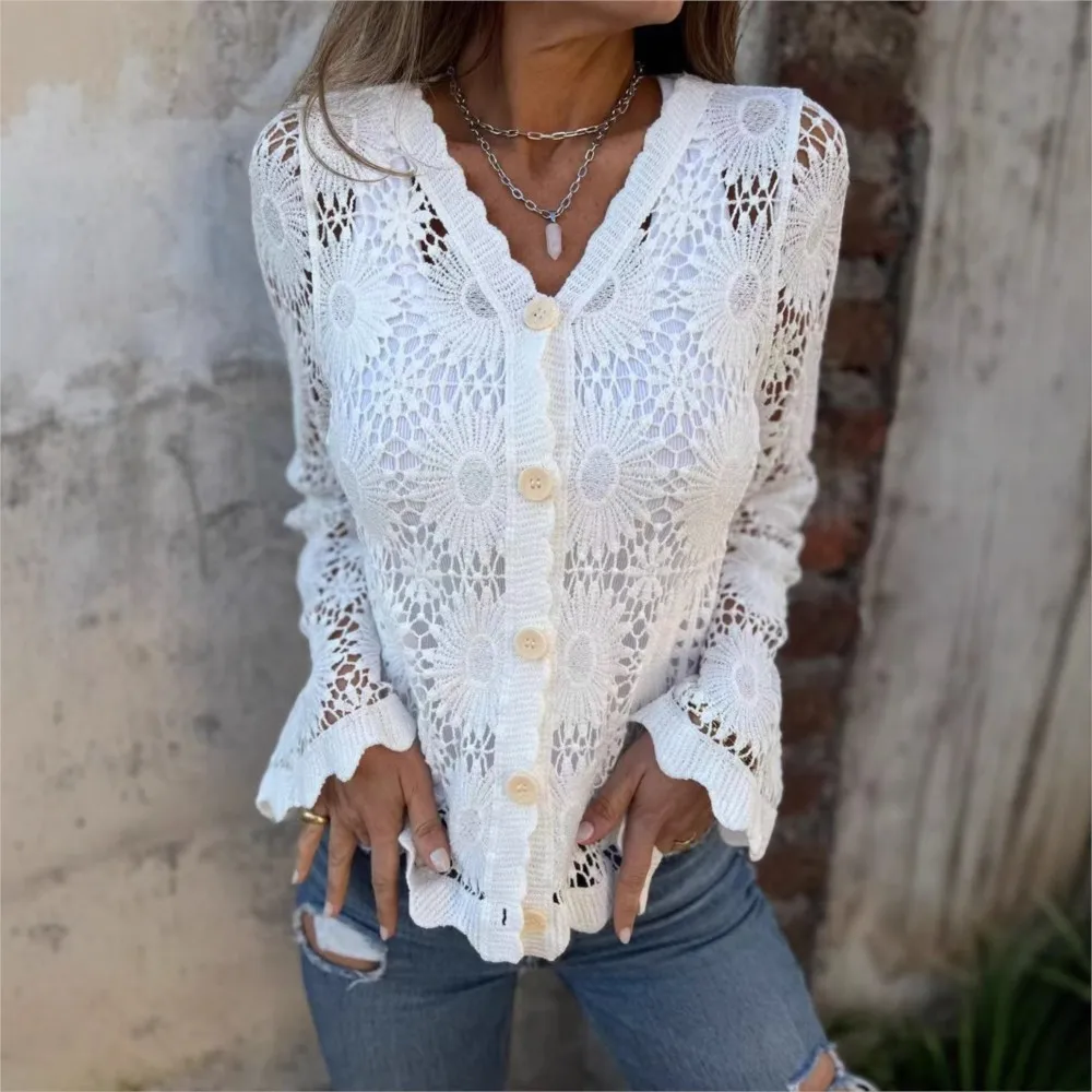 여성 섹시 레이스 블라우스 셔츠 V넥 버튼 긴팔 니트 가디건 출퇴근 패션 캐주얼 탑 여성 의류 2025