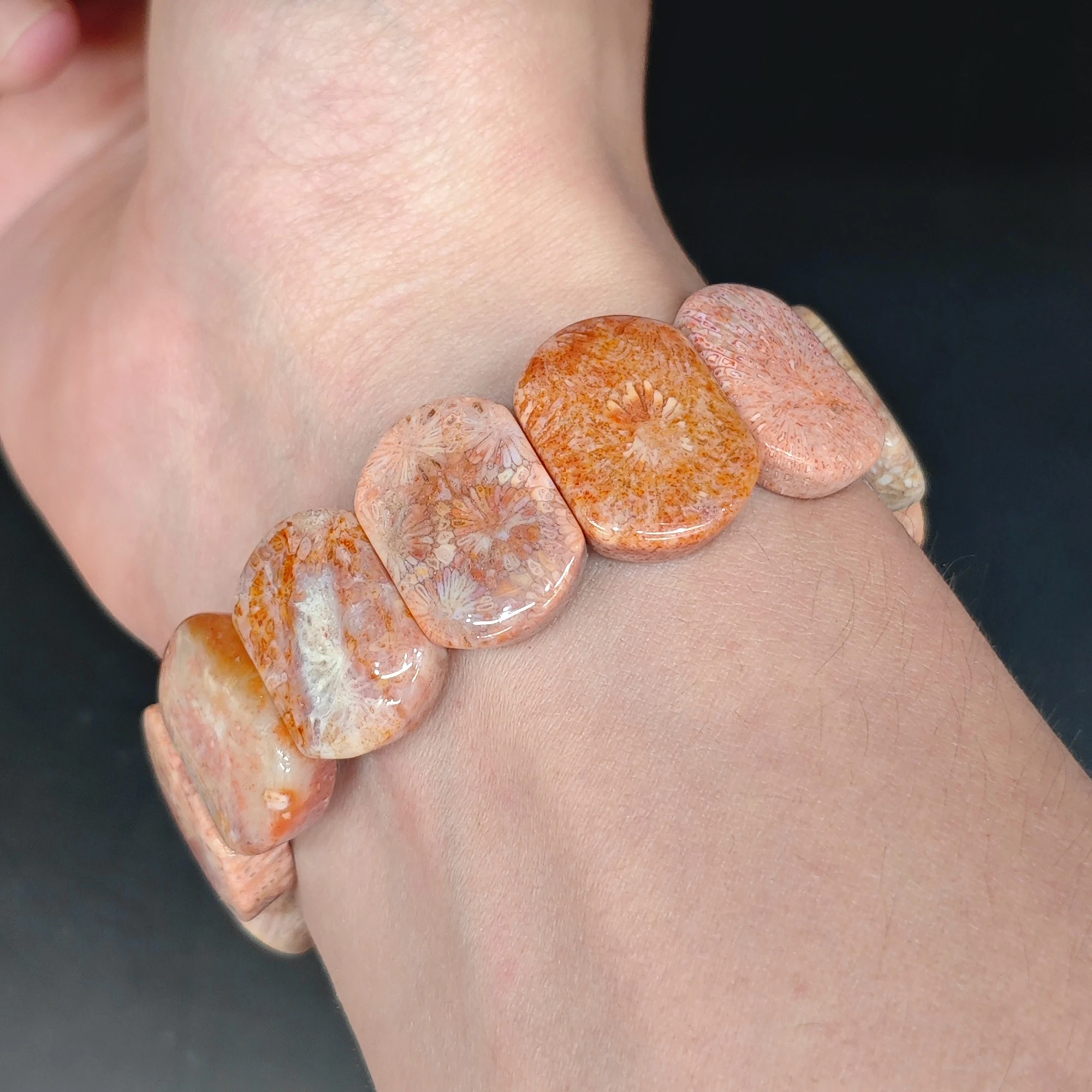 Natural Fossil Coral Bracelet 20x14mm Coral Jade Segment Bangle Oval Rectangle Block Flower Gemstone Stretch Gift 16-22cm
