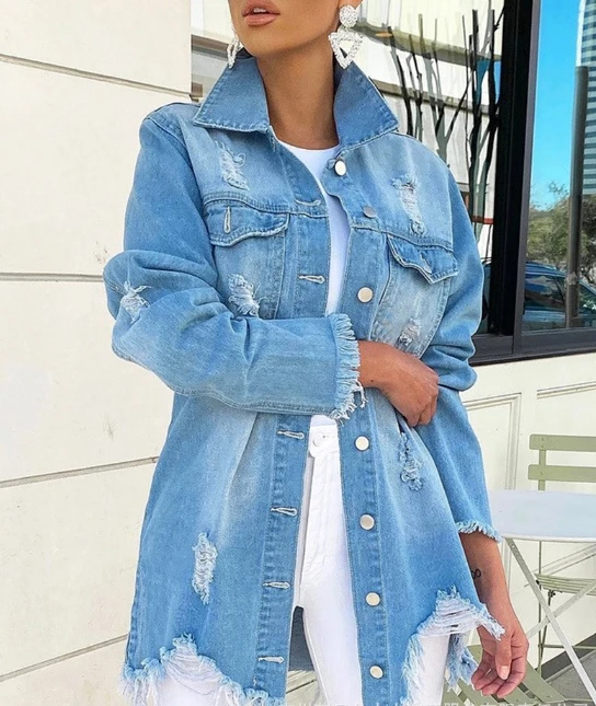 

Women's Denim Jacket Flip Collar Long Sleeved Turndown Collar Holes Irregular Hem Edge Design Single Breasted Autumn Jacket