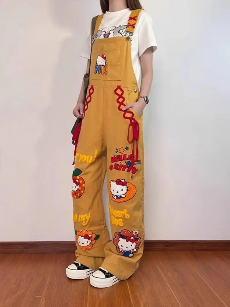 سانريو مرحبا كيتي سراويل الرجعية Kawaii Y2K السراويل الصيف فضفاضة النمط الأمريكي معدات العمل الترفيه واسعة الساقين الفتاة السراويل