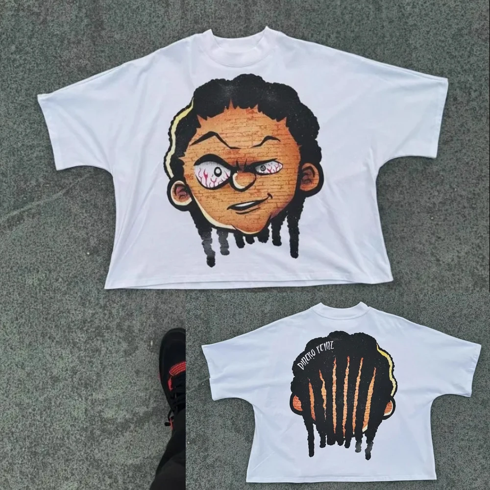 American Fashion Goth Big Head Cartoon Print Oversized T-Shirt Men's Y2K Street Hip-Hop Harajuku Loose Casual Couple Clothes