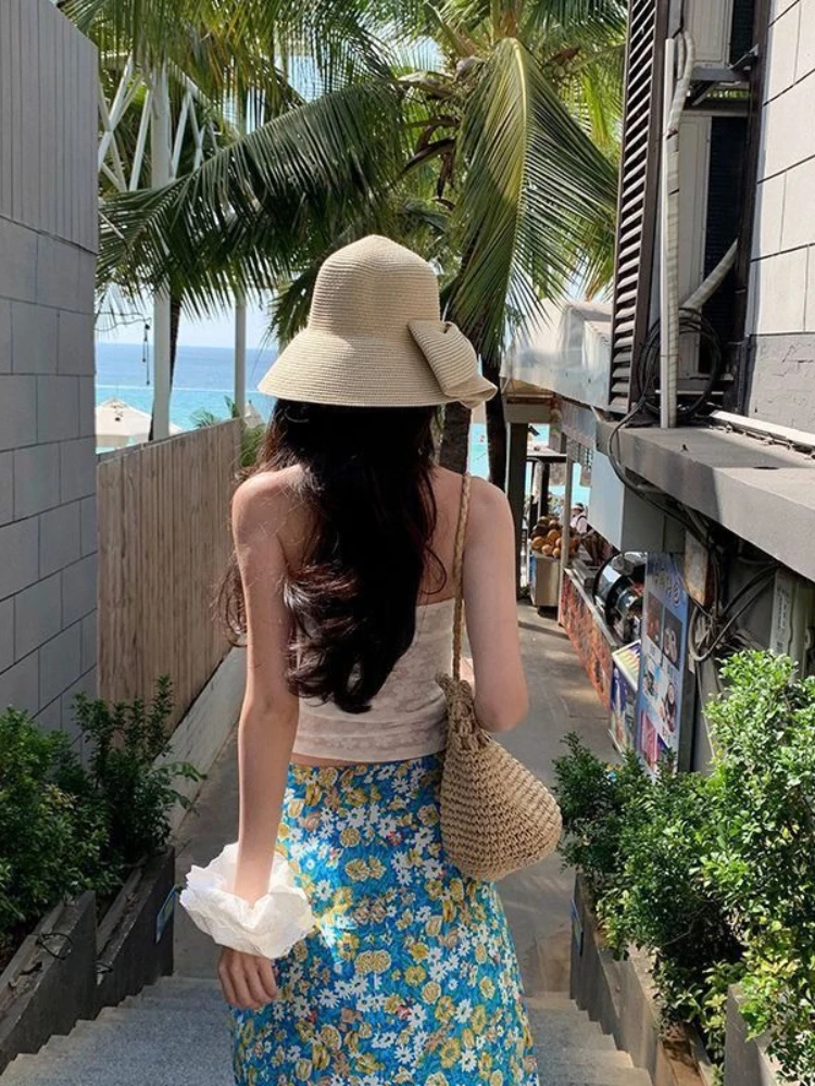 Letnie komplety dwuczęściowe w stylu imprezy na plaży, jednolite kolory, seksowne, dopasowane topy bez ramiączek + eleganckie spódniczki w słodkim stylu z nadrukiem w stylu lat 2000, vintage'owe komplety.