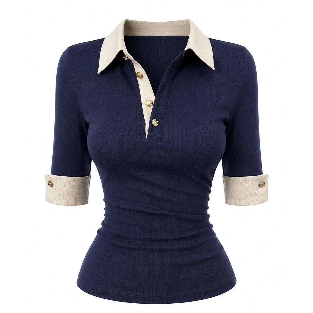 Preppy Aesthetic Women Ribbed Polo Top Color Block Lapel Collar Half Sleeve Button Detail Slim Fit Elegant Daily Office Blouse