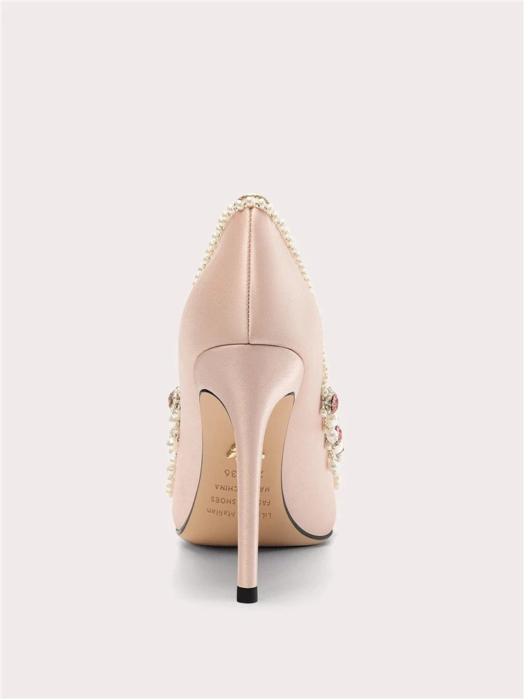 Stiletto high heels spring new pointed silk color rhinestone beaded tassel single shoes banquet large size small size women shoe