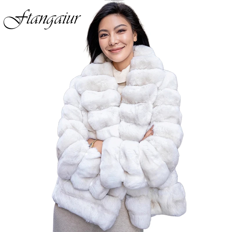 Ftangaiur, abrigo de Chinchilla azul cian blanco puro importado de invierno, abrigos de piel de Chinchilla de Color Natural de lujo con cuello vuelto para mujer