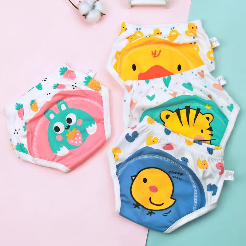 Baby Cloth Diaper Cartoon Animal Cotton Waterproof Pocket Ecological Diapers Potty Training Panties Gauze Nappies Learning Pants