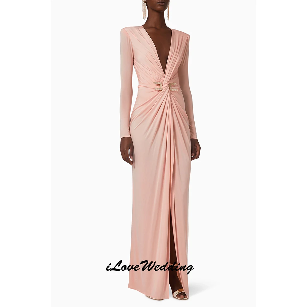 Black V-neck Evening Dresses 2025 Long Sleeve Belt Mermaid Side Split Floor-Length Arabic Pleated Wedding Party Dress  Customize image 6