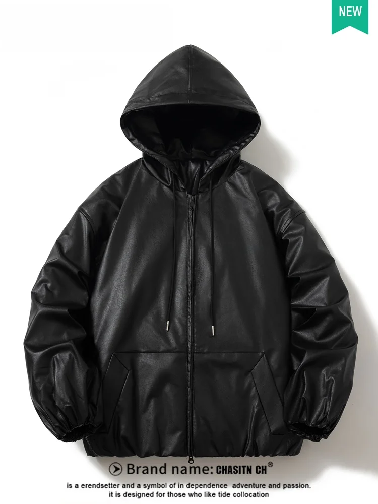 

Men's Biker Cotton Jaet Thiened Hooded PU Leather Coat Faionable Autumn Winter Casual Wear CleanFit Sle ort Length