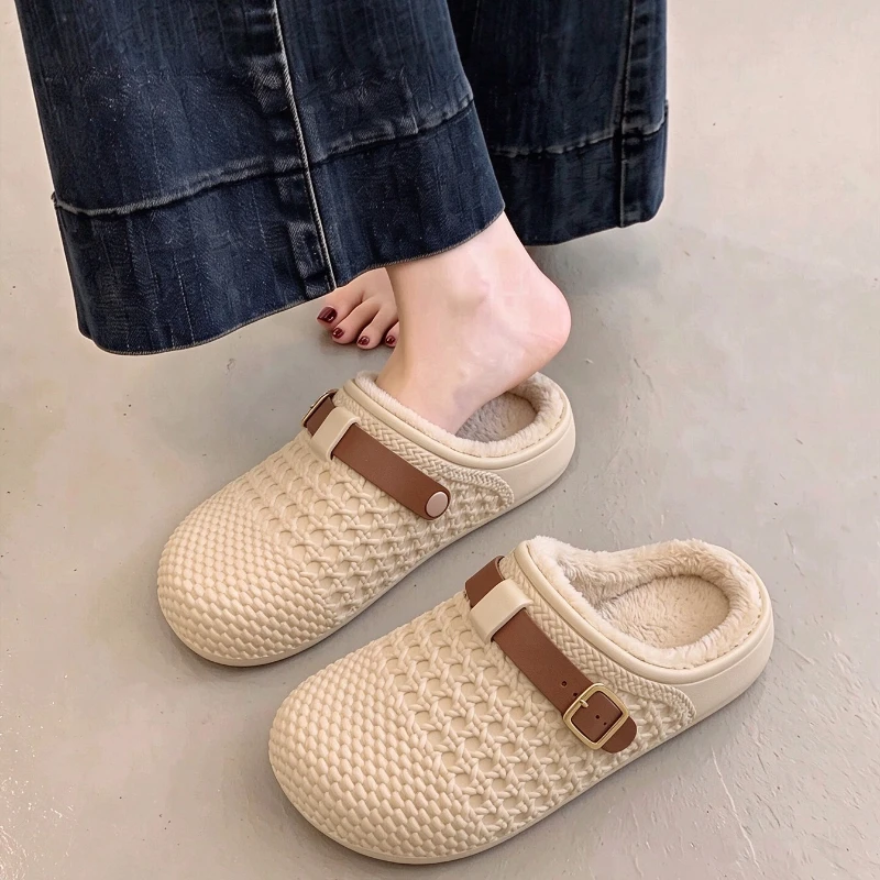 Winter Women Buckle Mary Jane House Shoes Waterproof Thick Cushion Sole Warm Fleece Lining Indoor Outdoor Cozy House Slippers