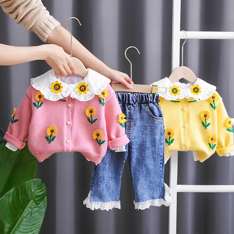 SpringAutumn Toddler Baby Girls Cotton Sunflower Sweater Jacket+T-Shirt+Lace Jeans Set Kids 3PCS Tracksuit Children Outfit 1-6Yr