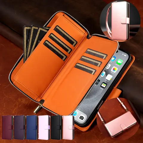 Lanyard Zipper Wallet Case für iPhone 17 Air 16 Pro Max 15 Plus 14 Pro Max 13 12 Kickstand Leder Flip Phone Cover Karten Tasche