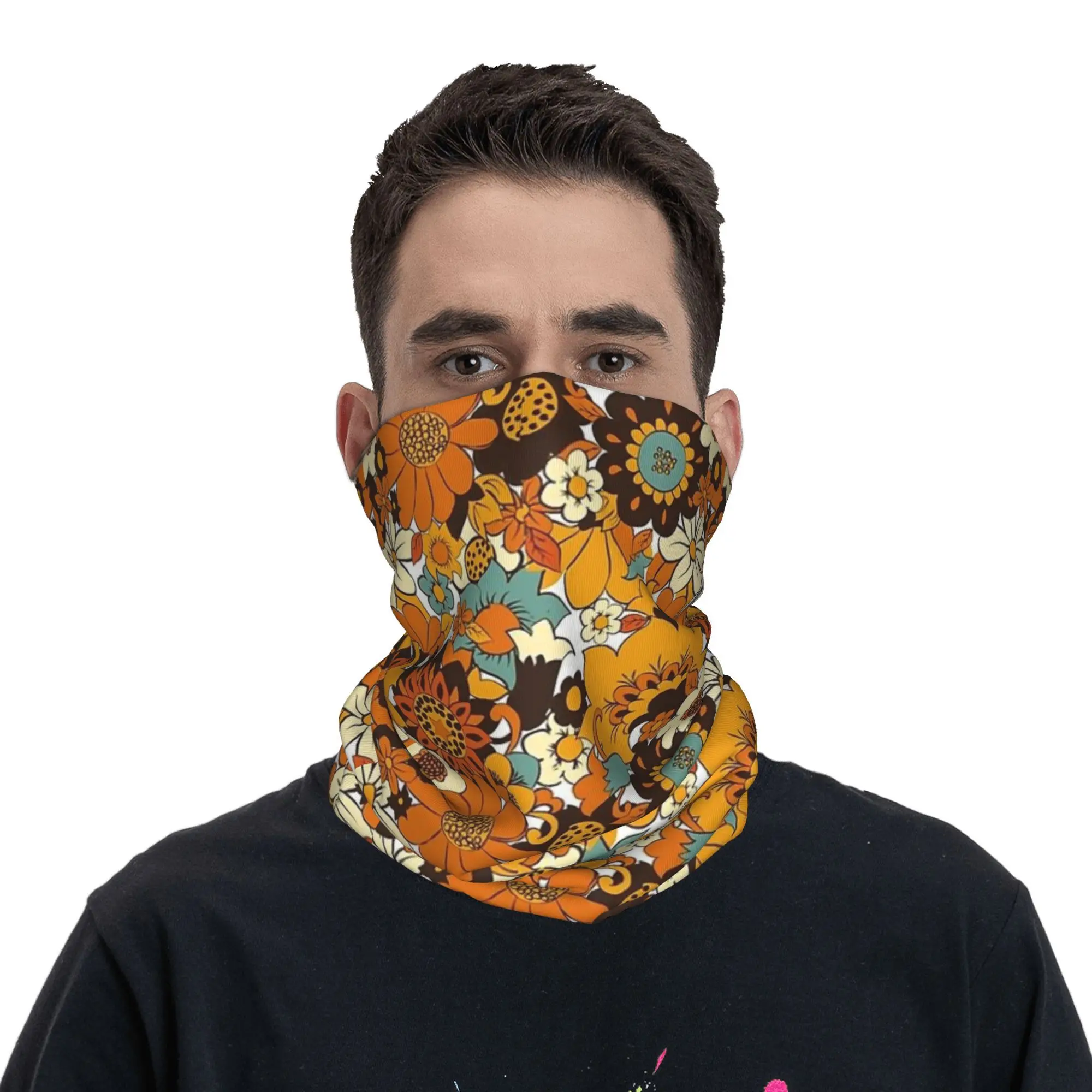 70 年代 60 年代レトロフラワーパワー、花柄バンダナネックカバープリントラップスカーフ多機能ヘッドバンドランニングユニセックス大人