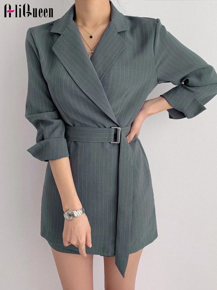 

New Autumn Women Long Sleeve Slim Sashes Blazer Dress Elegant Striped Notched Single Breasted Vestidos Bandage Suit Mini Dresses