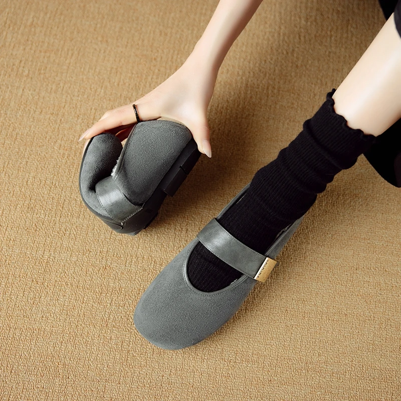 Women's new winter leather sheep suede warm wool metal belt buckle round toe low heeled Mary Jane shoes fashion single shoes