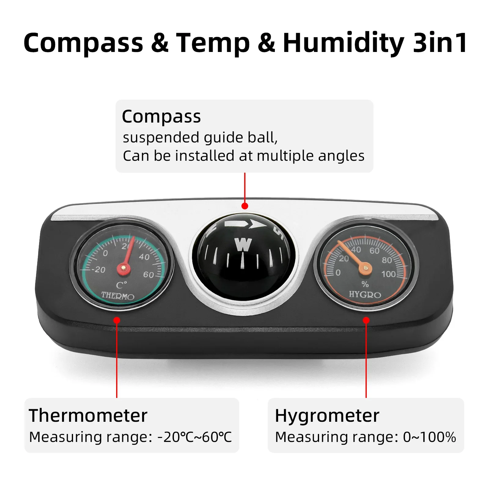 3 in 1 Car Compass Navigation Compass Thermometer Hygrometer Dashboard Car Interior Vehicle For Trailer Truck Off Road 4x4