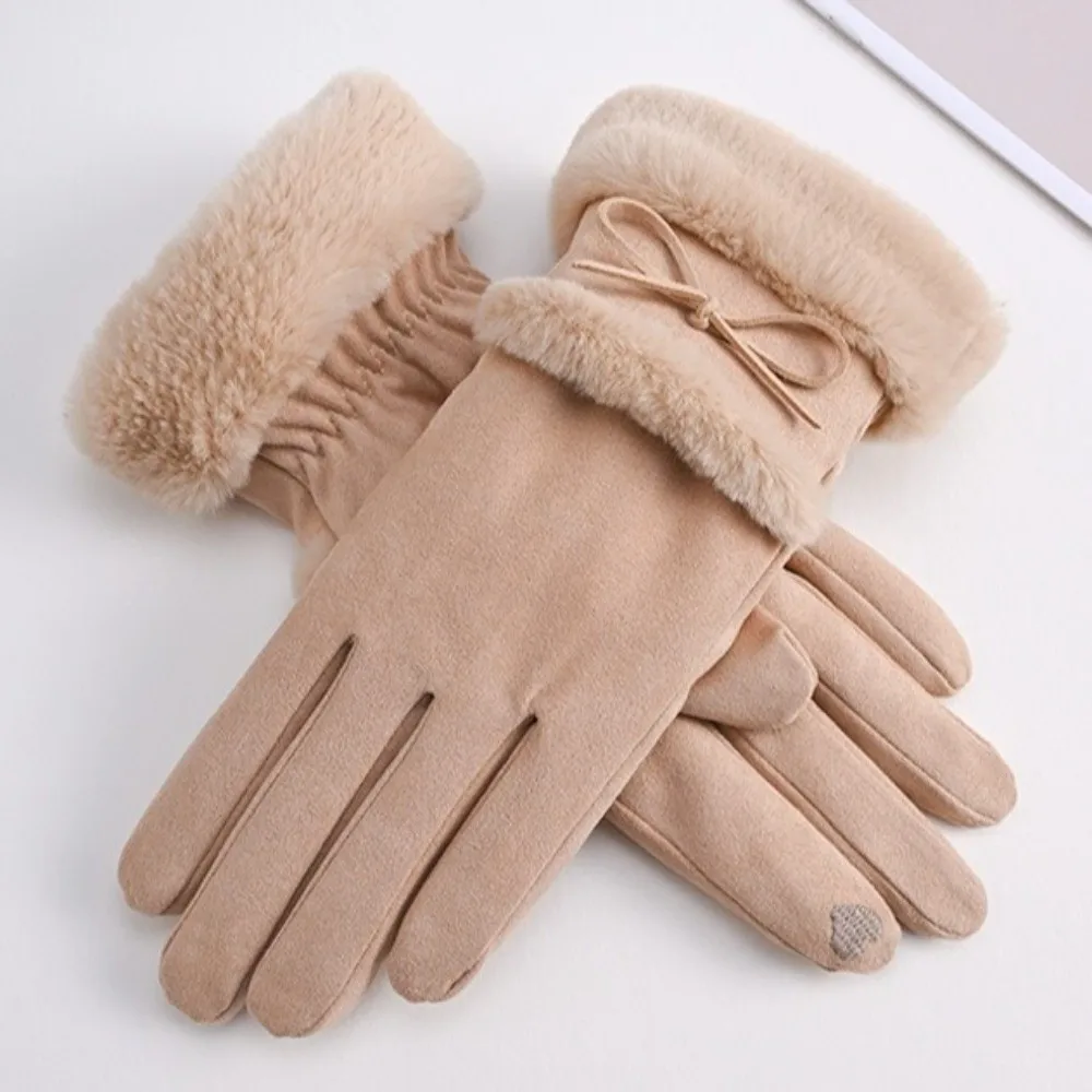 Cute Bow Winter Suede Gloves Soft Thick Pu Leather Gloves Waterproof Touch Screen Women Cycling Mittens Outdoor