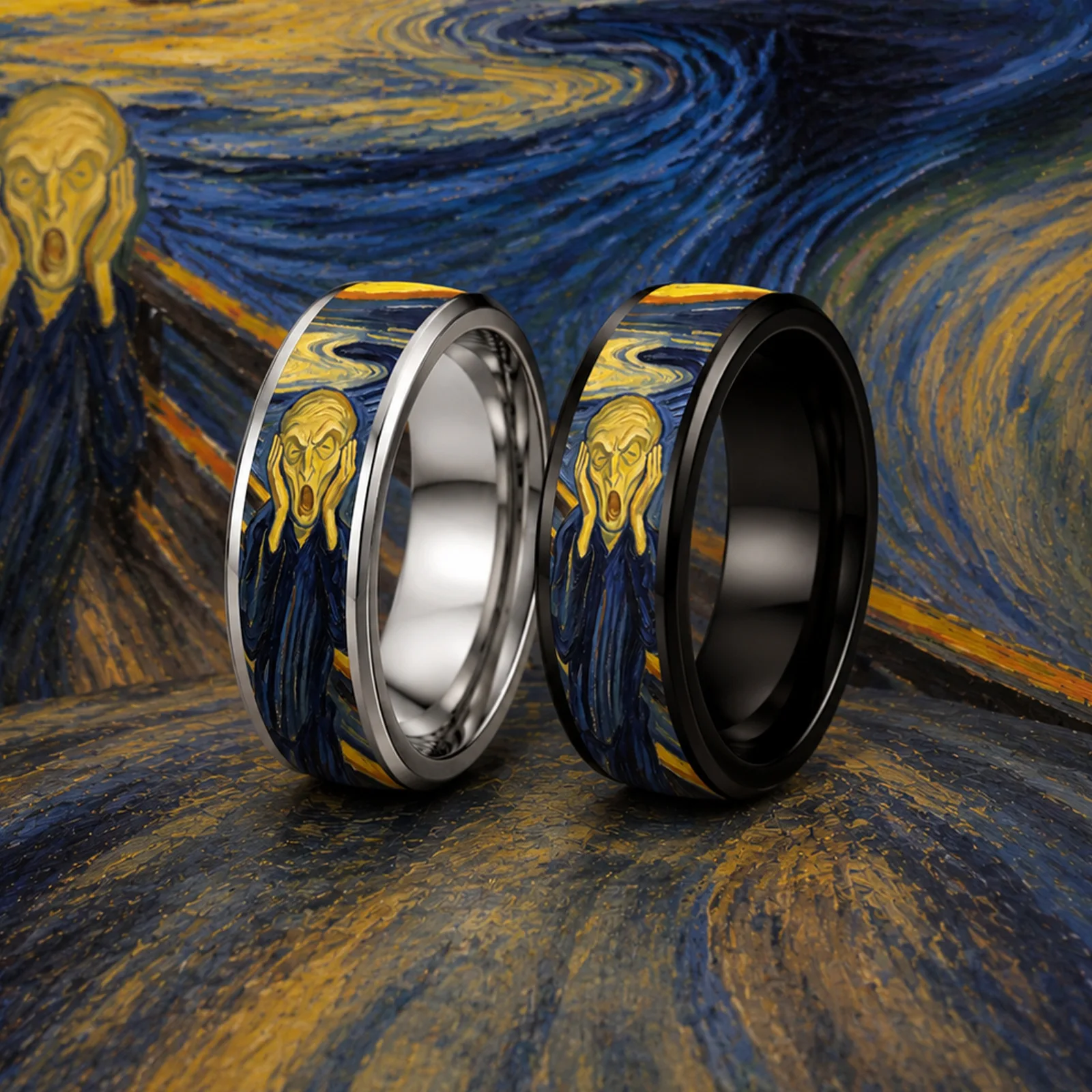 2Pcs/Set 8MM Oil Painting Stainless Steel Rings Set Polished Wedding Unique Double Beveled Black And White Stainless Steel Ring