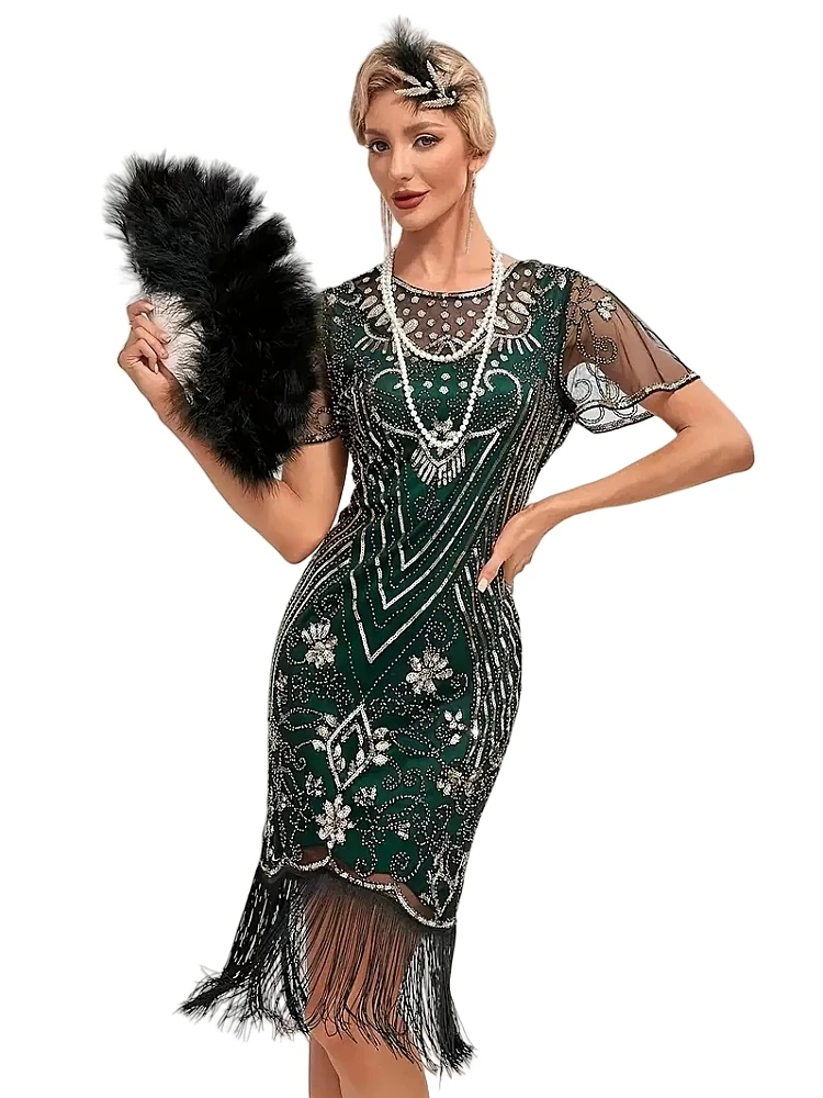 Flapper Dresses 1920s Gatsby Roaring 20s Sequin Beaded Fringe Dress Crew  Neck See-through Themed Party Club Dress - AliExpress 200000345