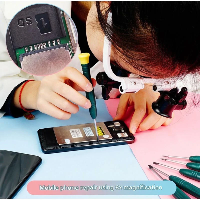 2‑LED Head‑Mounted Magnifier Glasses Adjustable Headband Loupe 8X 15X 23X Magnifying Lens for Watch Repair Maintenance Tool