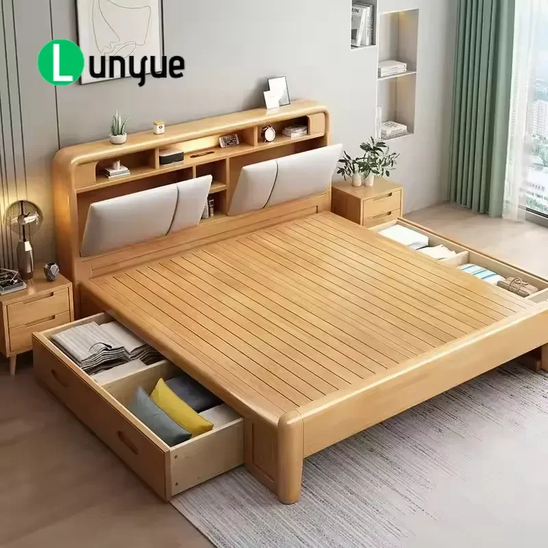 Modern Solid Wood Platform Bed with Storage Adjustable Height Soft Upholstered Eco Friendly Space Saving Bedroom Furniture