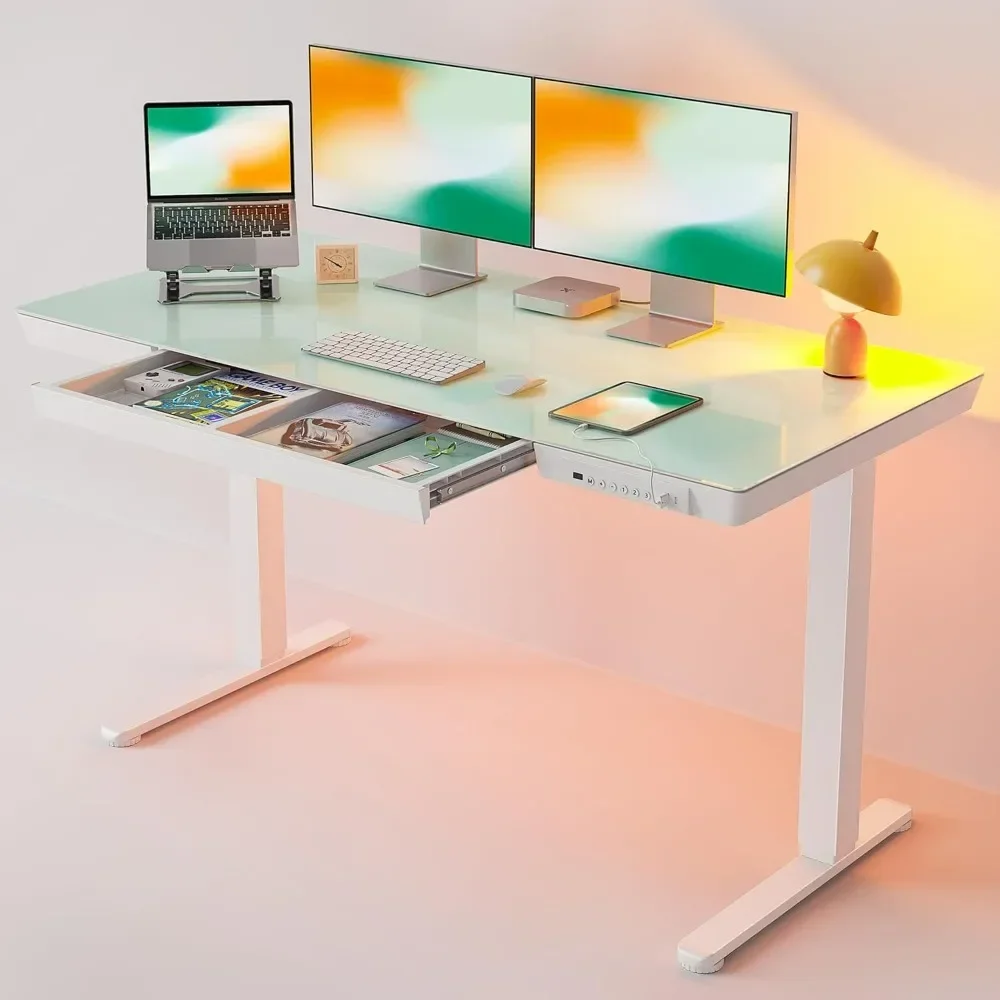 

Electric Standing Desk with Drawers, Whole-Piece Glass Adjustable Height Desk, One-Piece Quick Install Adjustable Sit Stand Desk