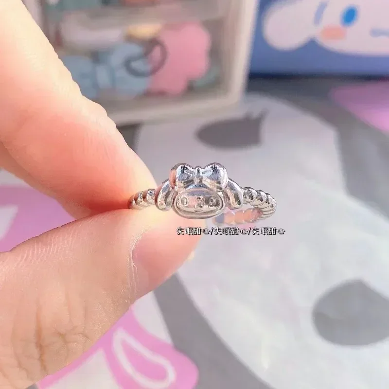 Sanrio Olá Kitty Anéis Dos Desenhos Animados, Kawaii Oco Out Acessórios Do Anel, Dedo De Cristal, Ajustar Presentes Prateados