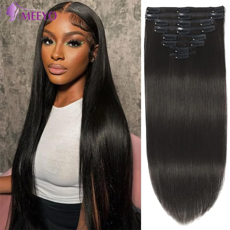 Clip In Hair Extensions Straight Brazilian Full Head Clip In Human Hair Extensions 16-26 Inches Natural Black Color 1B 8Pcs 120G