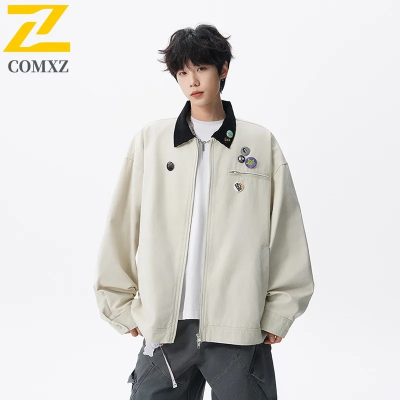 

COMXZ 2025 New Spring Autumn Fashion Jacket Casual Coat Youth Turn Down Collar Loose Vintage Distressed Washed Unisex Jacket Top