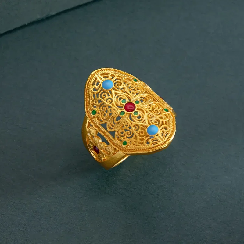 

Женское кольцо из настоящего золота 9999 24 карата в том же золото с роскошными ювелирными изделиями с открытым ртом и дворцовым рубином