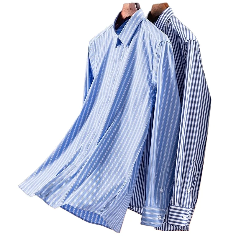 Classic Striped 95% Cotton +5% Spandex Shirts Men Long Sleeve 4XL Micro Elasticity Men Shirts Long Sleeve Slim Fit Anti-wrinkle