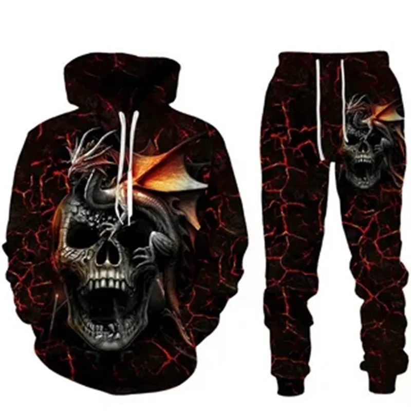 Men Punk Hoodies Suit Skull 3D Print Tracksuit/Pants Goth Skeletons Long Sleeve Pullover Oversize High-quality Autumn Winter New