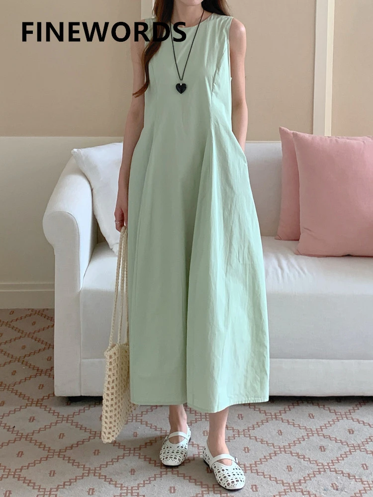 

FINEWORDS Vintage Casual Dress Women Korean Solid Elegant Summer Dress Sleeveless Party Long Midi Dress