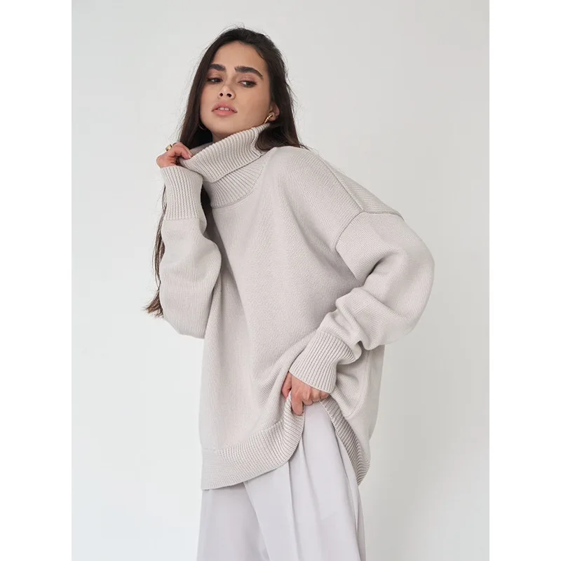 High neck sweater for women 2024 and American autumn and winter loose sweater, classic and versatile solid color pullov