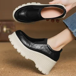 Women's sheepskin 8cm wedge high heel platform slip-on sneakers round toe high quality soft comfort casual female espadrilles