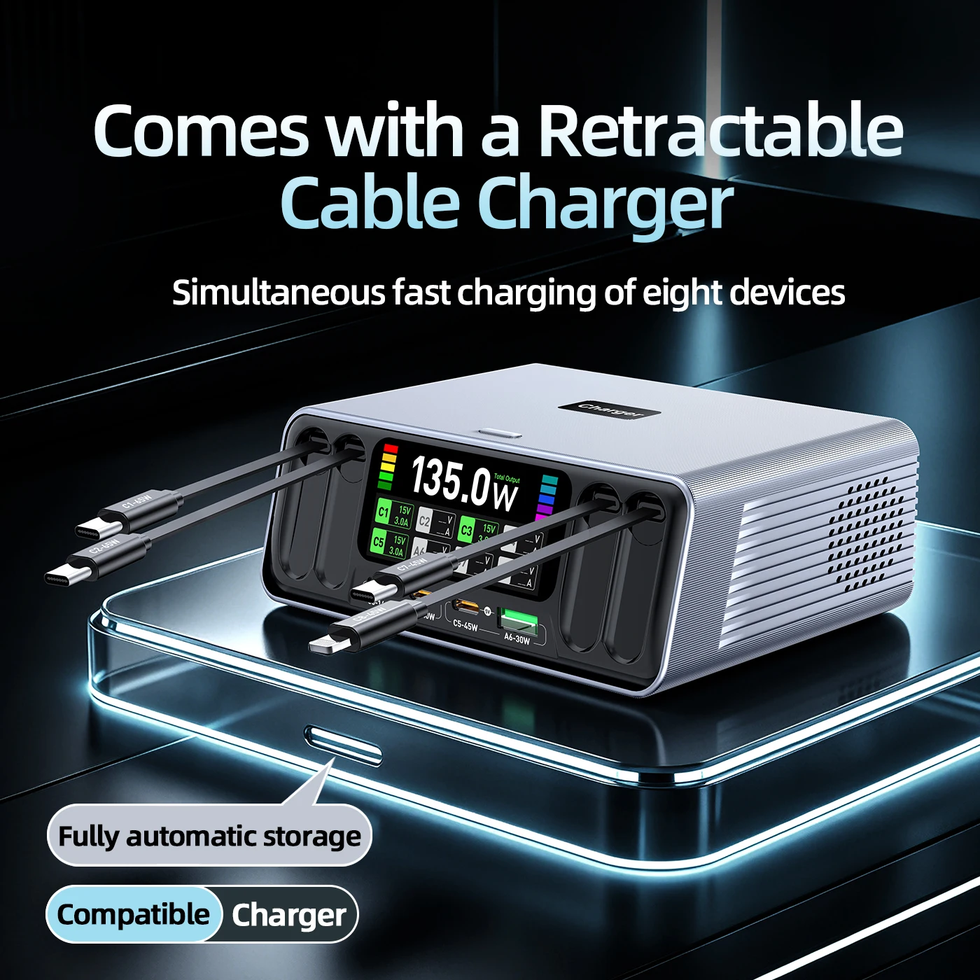 WLX-80C PD 165W(max) Fast Charger Multi Port Desktop Comes With A Retractable Cable