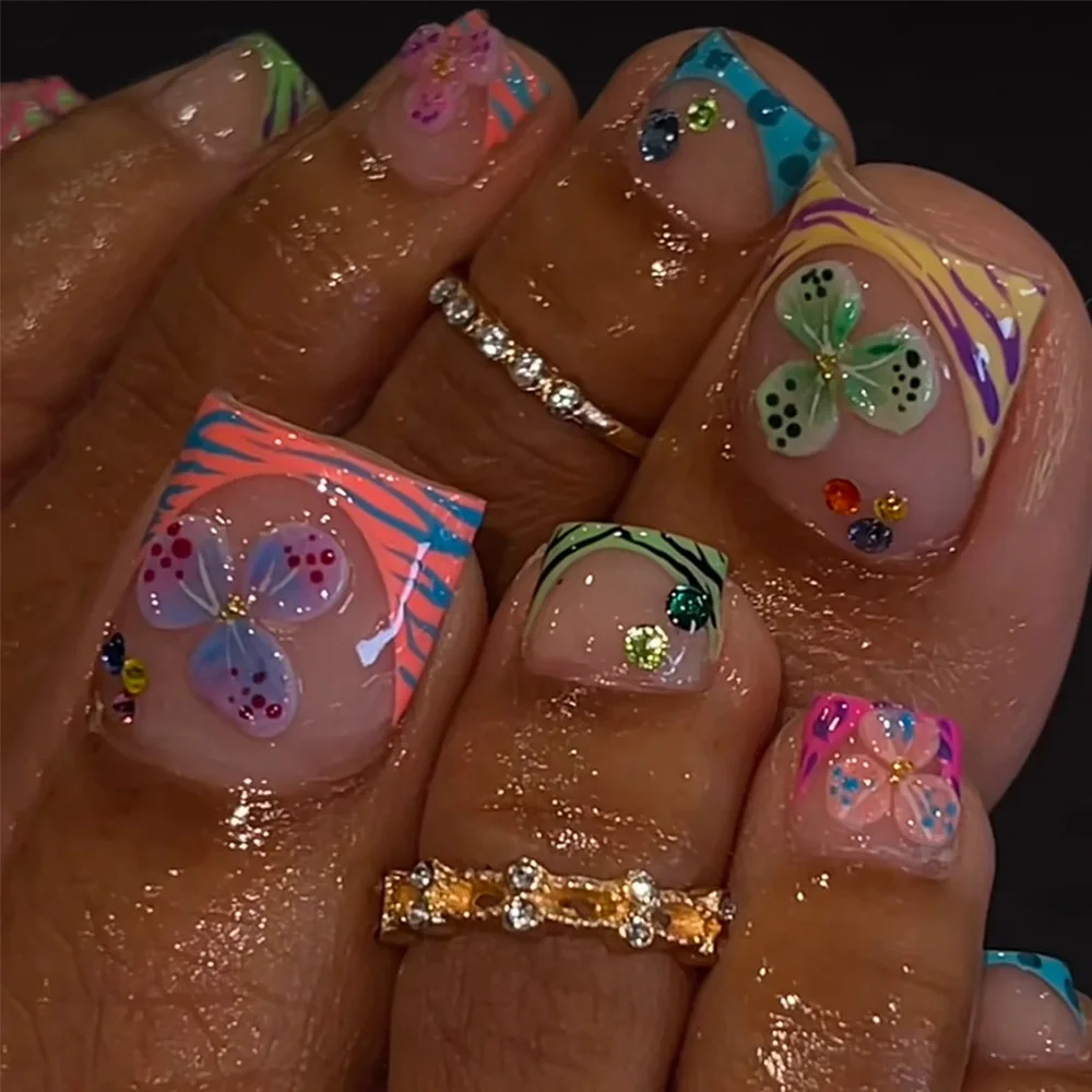 

2026 New Simple 24-Piece Dopamine Contrast Color Flower Wearing Nails Short Square and Round Toenails