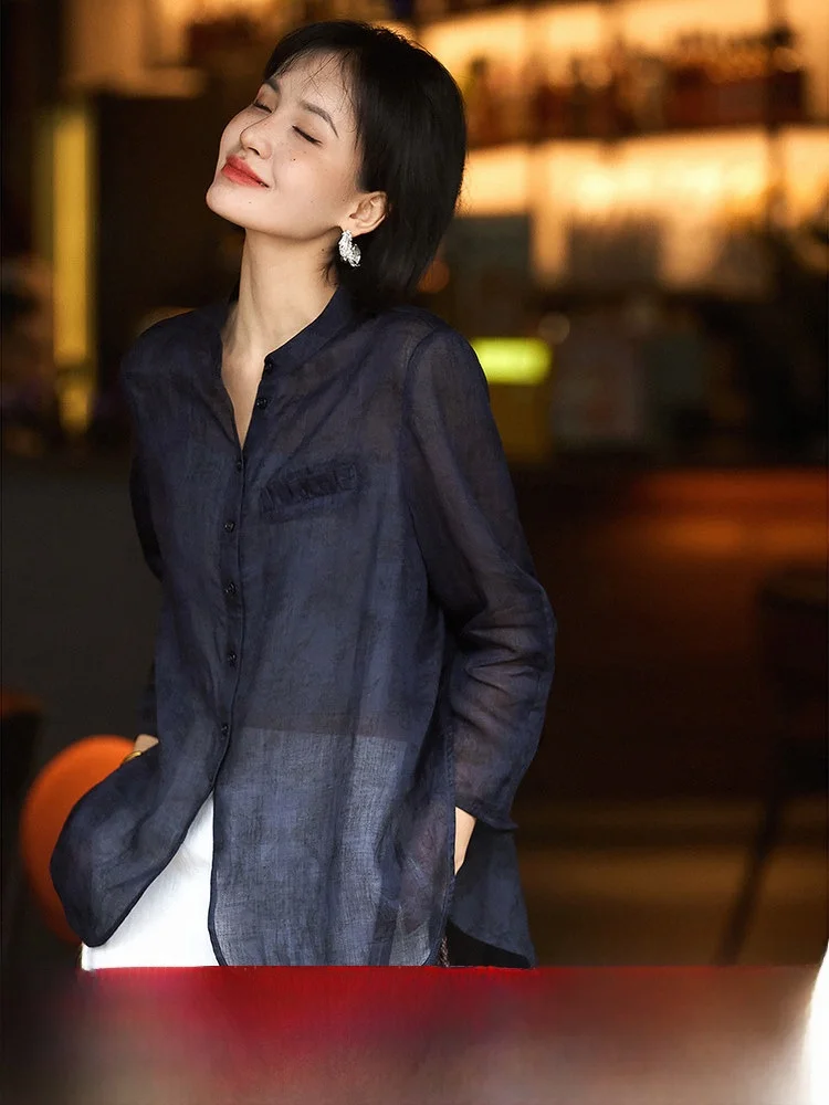 

Laid-ba Air Linen irt Women's New Sle Commute Faion Loose Fit Breathable Thin Material Seven-quarter Sve Stand Collar