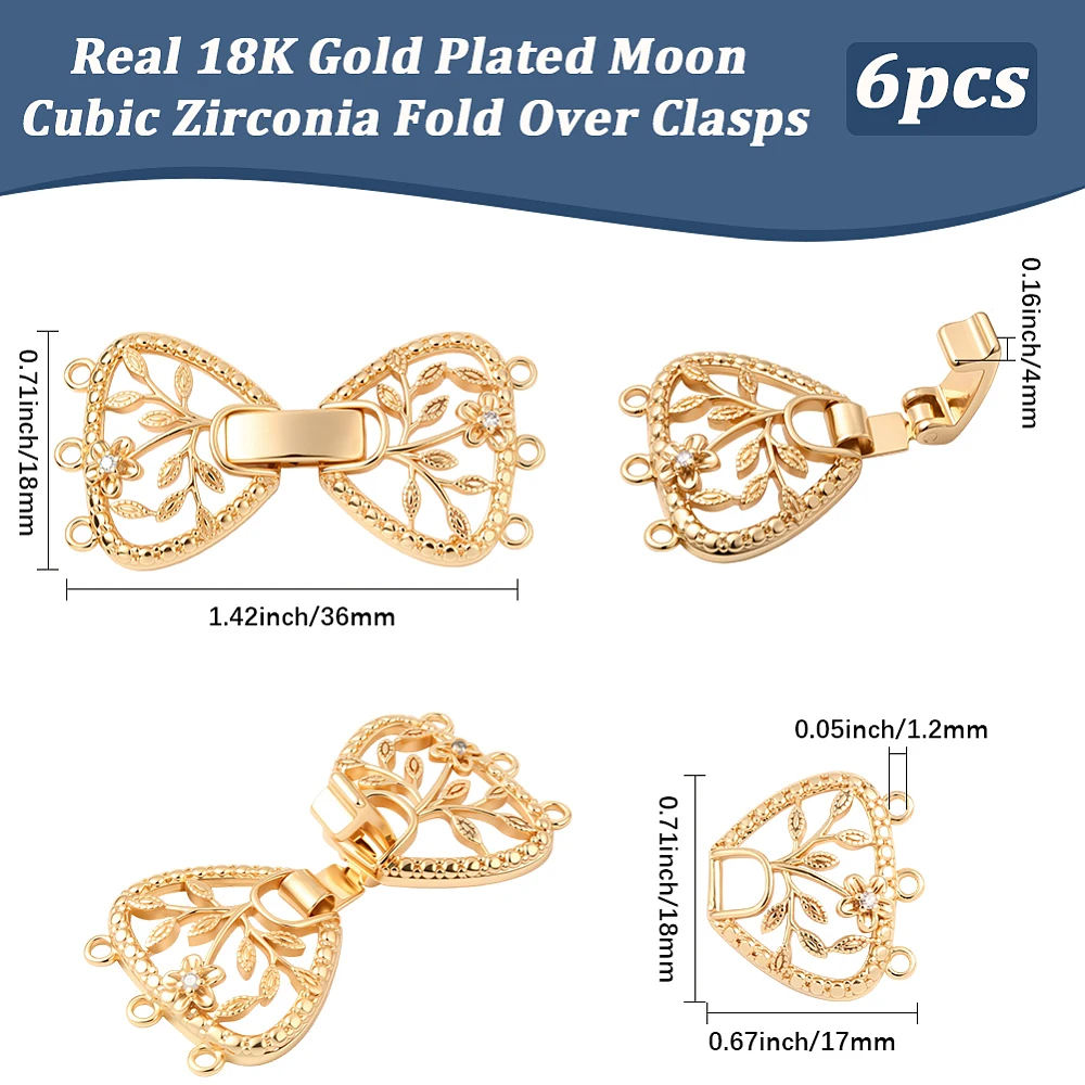 1 Box 6Pcs Bowknot Foldover Clasp 18K Gold Plated Tie Necklace Shortener Enhancer Cubic Zirconia Connector Extenders with Loop